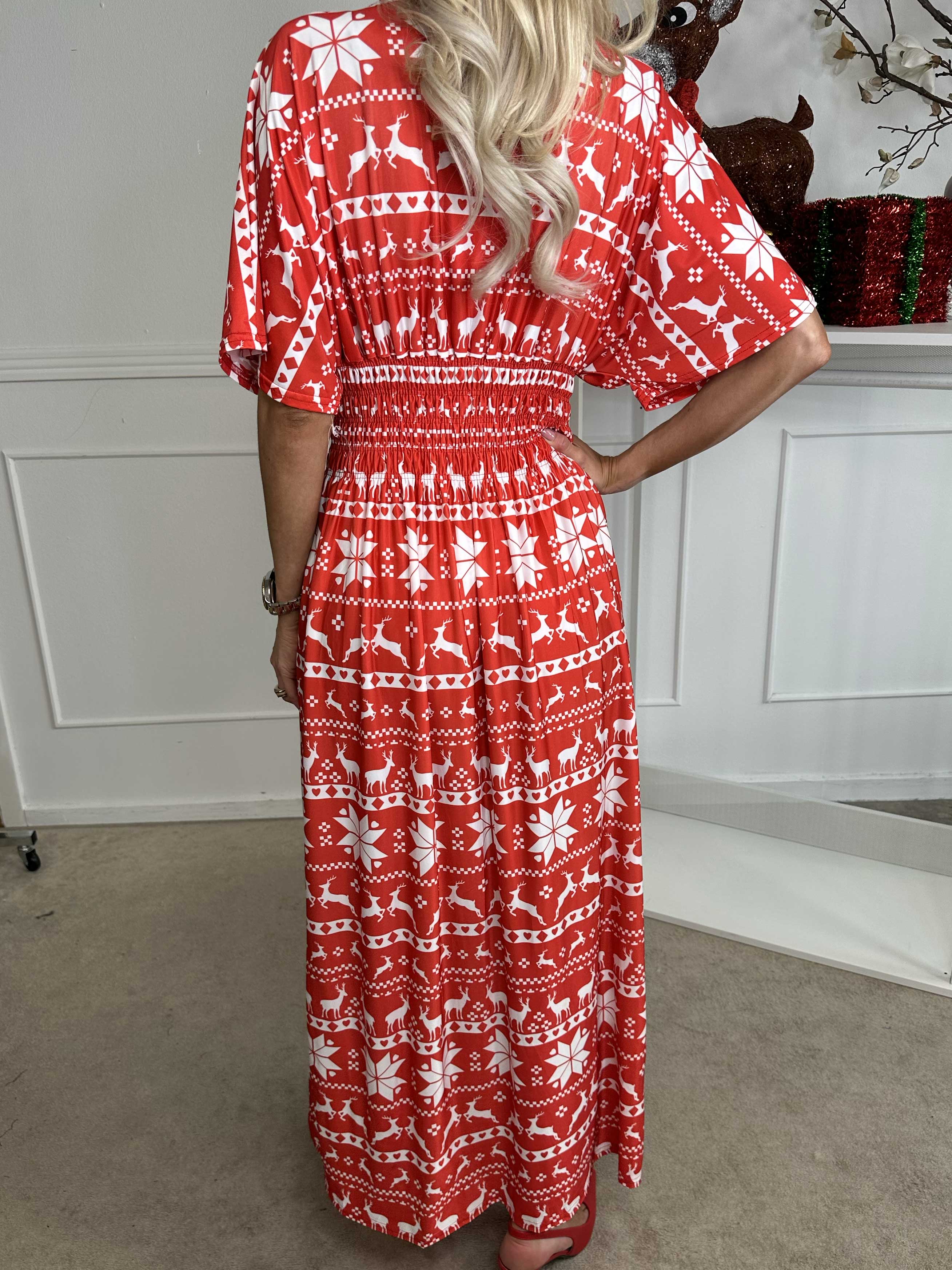 Pams Snow - Lång klänning med resår och jultryck